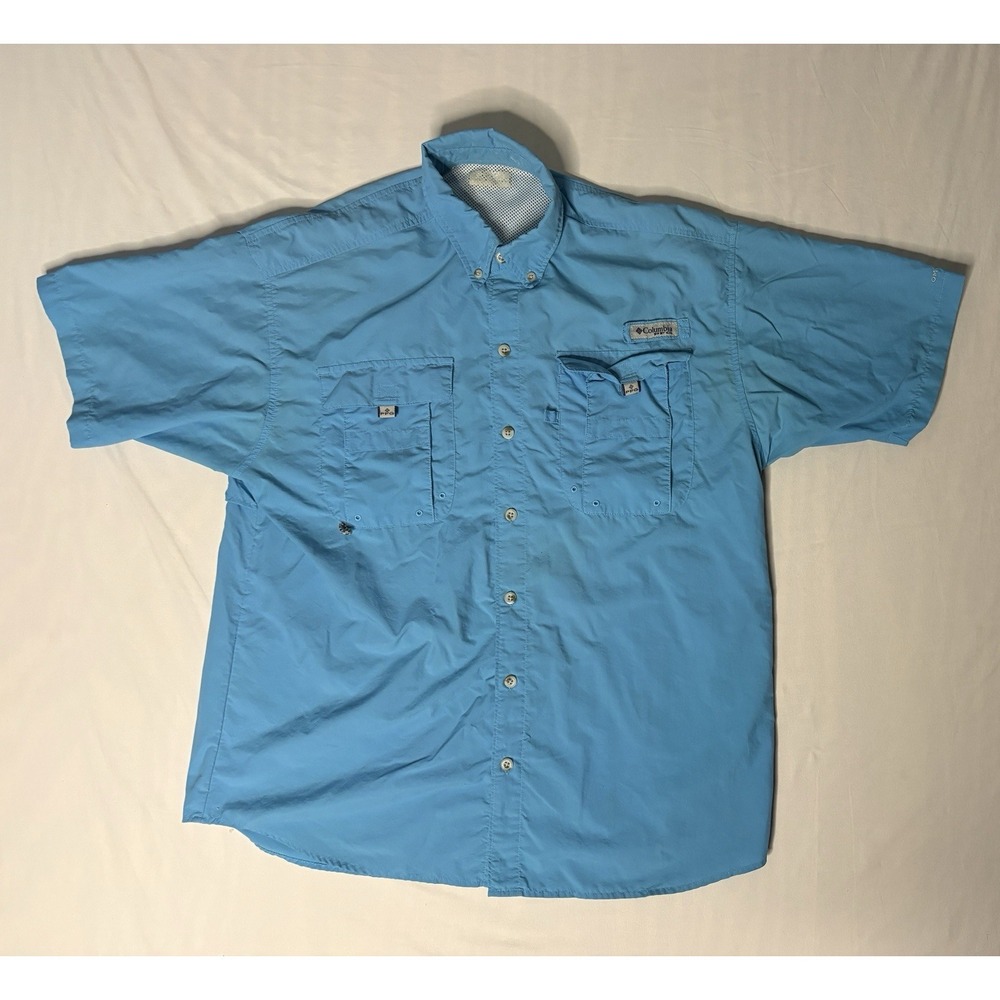 Columbia PFG Fishing Shirt Men's Size Large Blue Short Sleeve Button Up Vented
